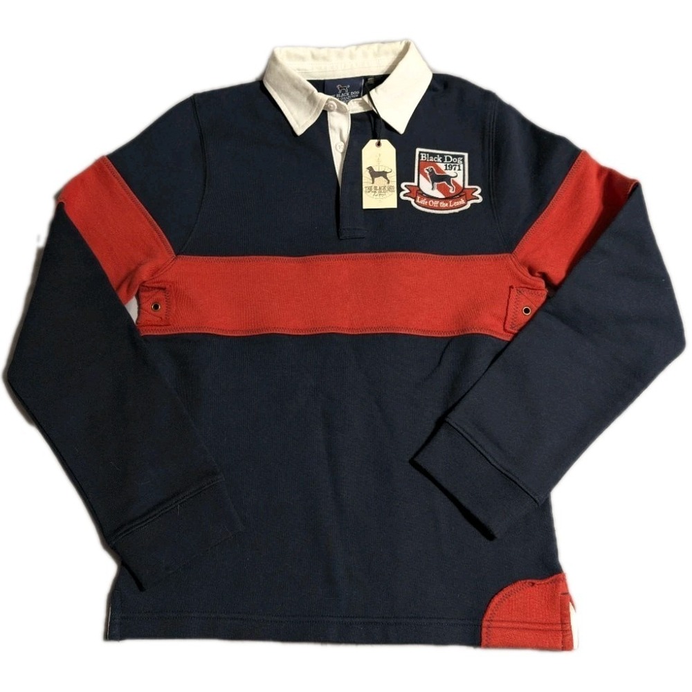 Black Dog Rugby Shirt Kids M Navy‎ Red Colorblock Crest Logo NWT
